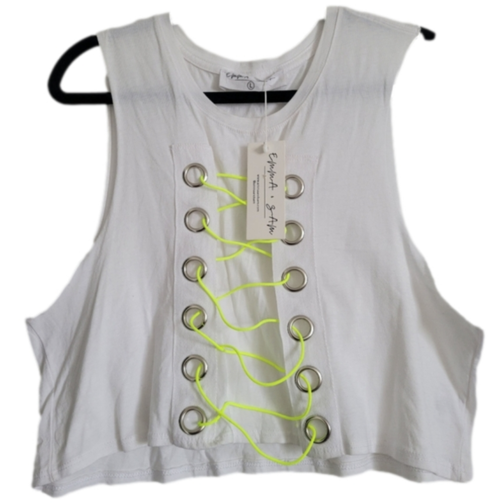 Emma & Sam White Crop Top with Neon Lace Front sz L - BNWT